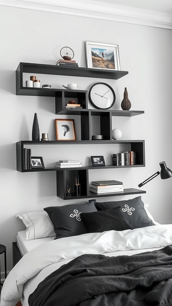 Stylish black wall shelves in a modern black and white bedroom