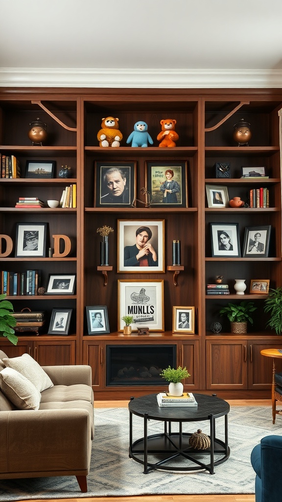 A cozy living room with built-in shelves showcasing collectibles, photos, and decorative items.