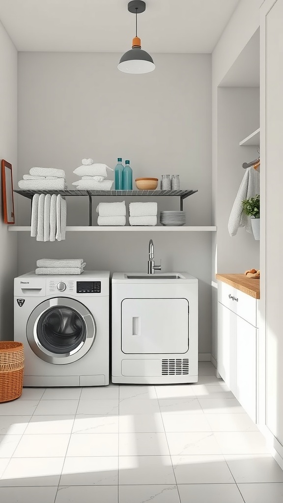 Stylish drying racks in a modern laundry room with organized towels and decor.