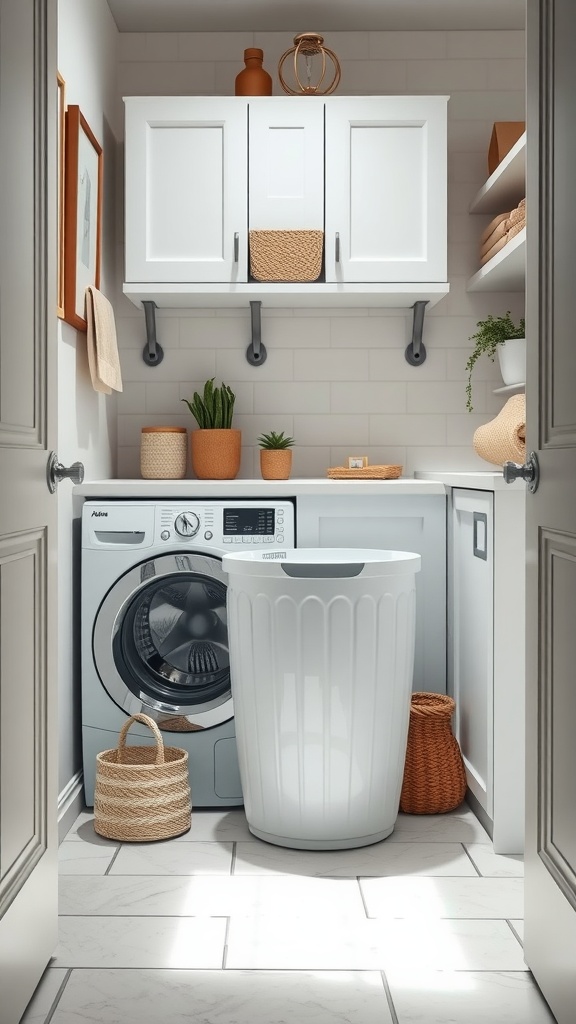 A small modern laundry room featuring a white laundry bin, woven baskets, and plants