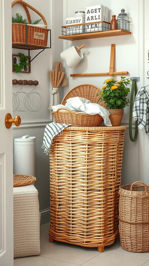 A stylish woven laundry hamper in a farmhouse laundry room setting with decorative elements.