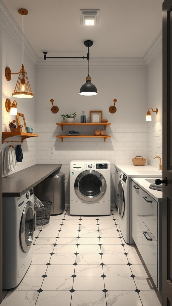 Stylish lighting fixtures in a modern laundry room.