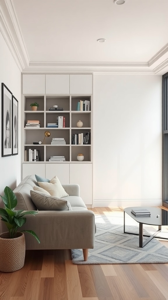 Stylish living room with built-in shelves, light color scheme, and cozy decor
