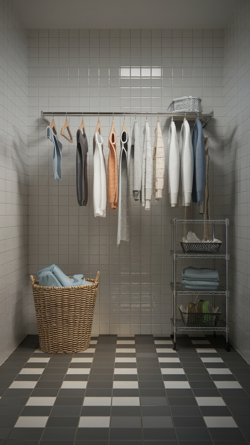 A small laundry room featuring a wall-mounted drying rack with various clothes hanging, a woven laundry basket, and a shelving unit with neatly folded towels.