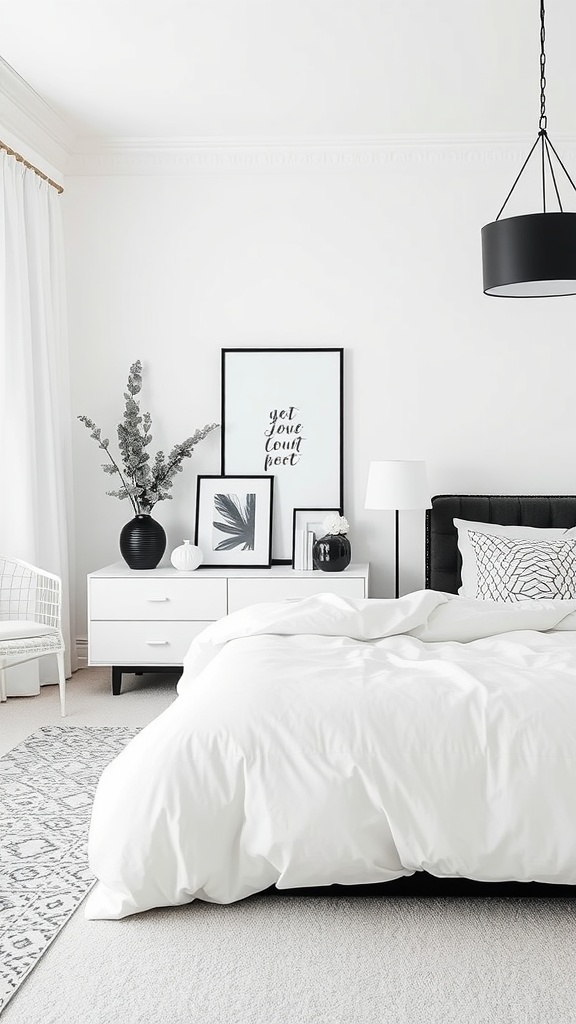 A stylish black and white bedroom featuring subtle black accents in accessories.