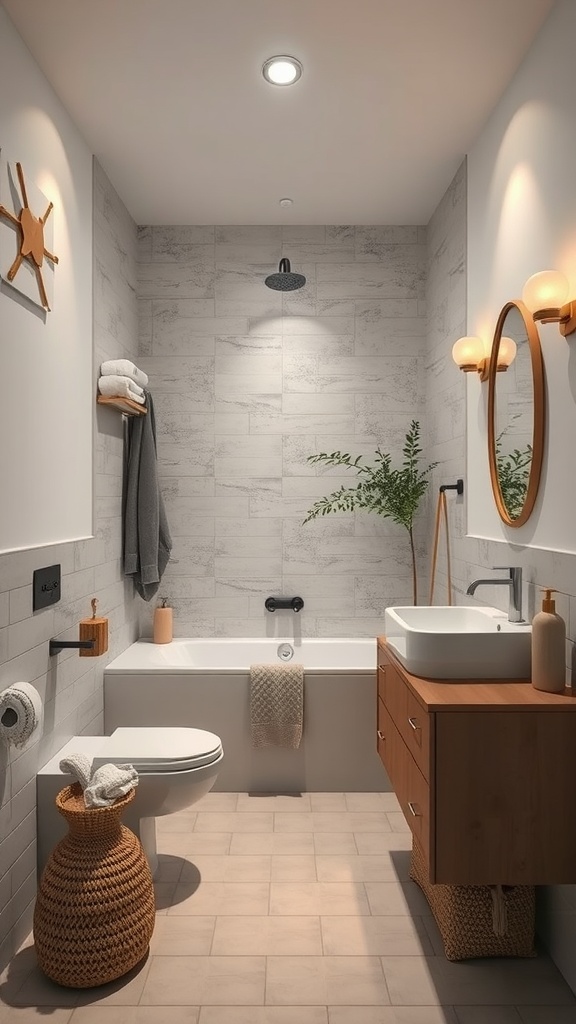 A modern Scandinavian bathroom featuring subtle lighting and natural elements.