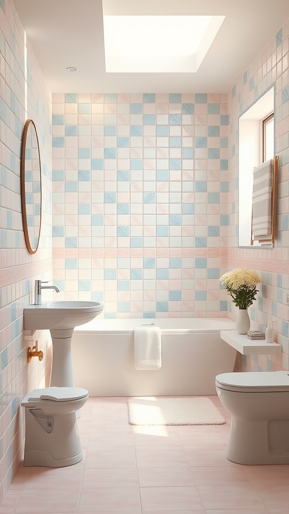 A bathroom with pastel tiles in pink and blue, featuring a bathtub, sink, and mirror.