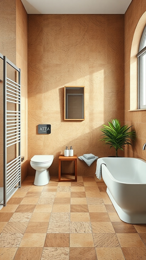 A modern bathroom featuring sustainable cork tiles, a bathtub, and natural decor.