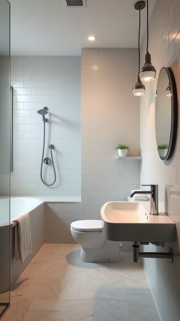 A modern Scandinavian bathroom featuring a sleek sink, toilet, and shower, with minimal decor and plants.