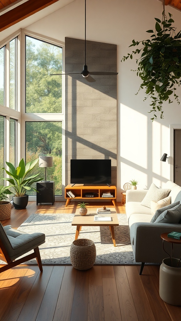 A bright mid century modern living room featuring large windows, sustainable furniture, and indoor plants.
