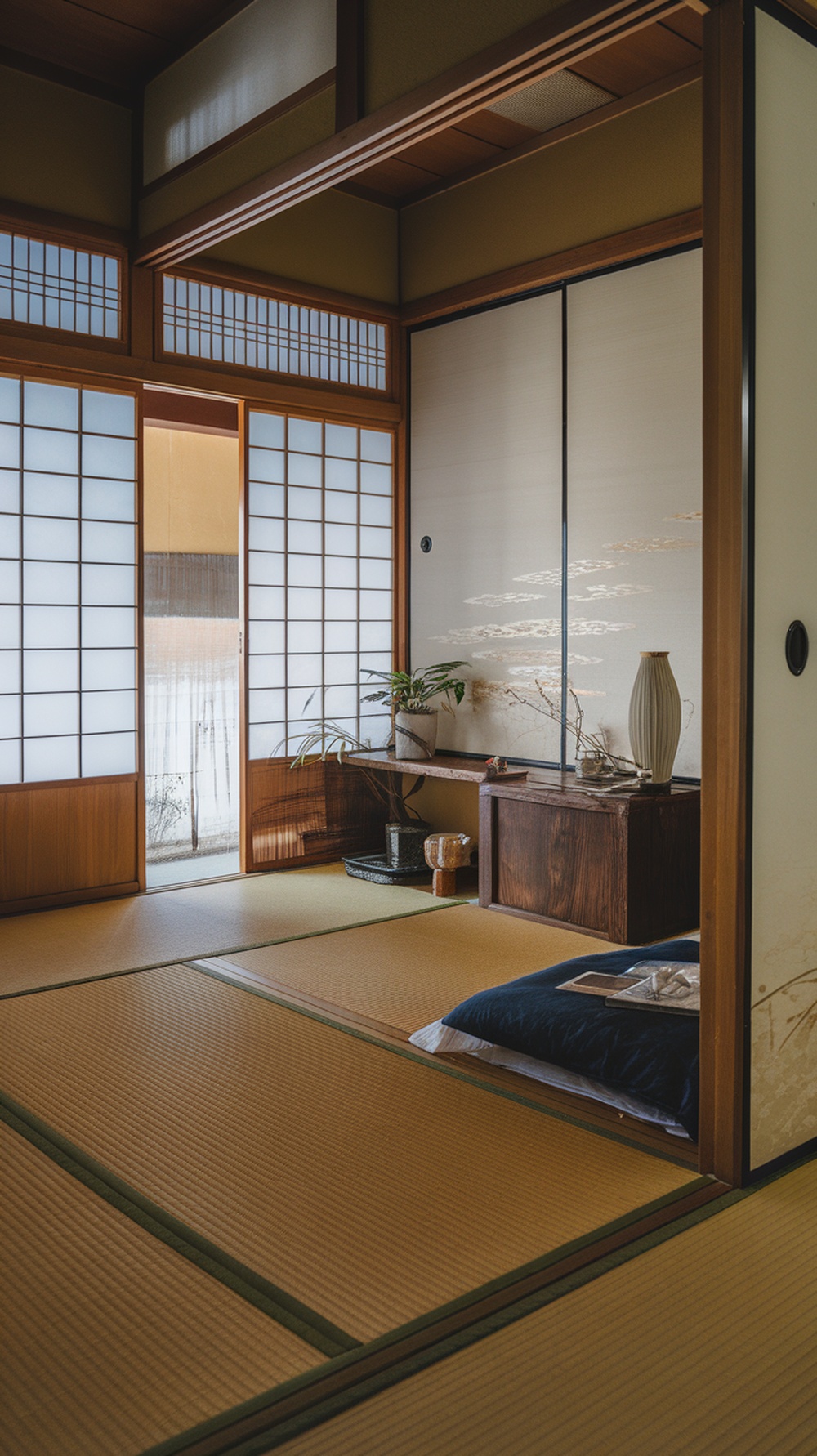 A traditional Japanese bedroom featuring tatami mat floors, wooden elements, and shoji screens.