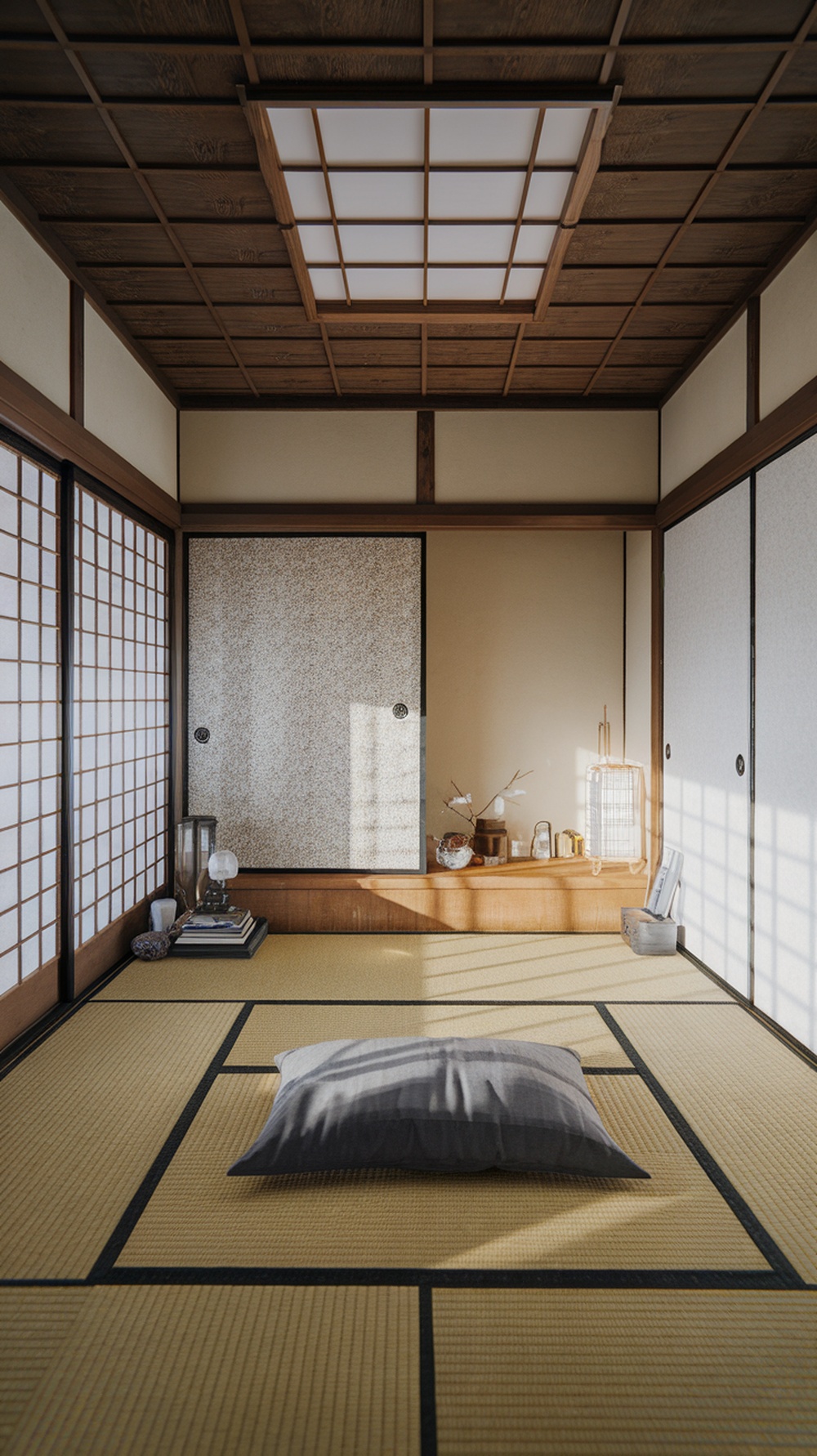 A traditional Japanese bedroom featuring tatami mats, sliding doors, and a simple pillow, emphasizing a minimalist design.