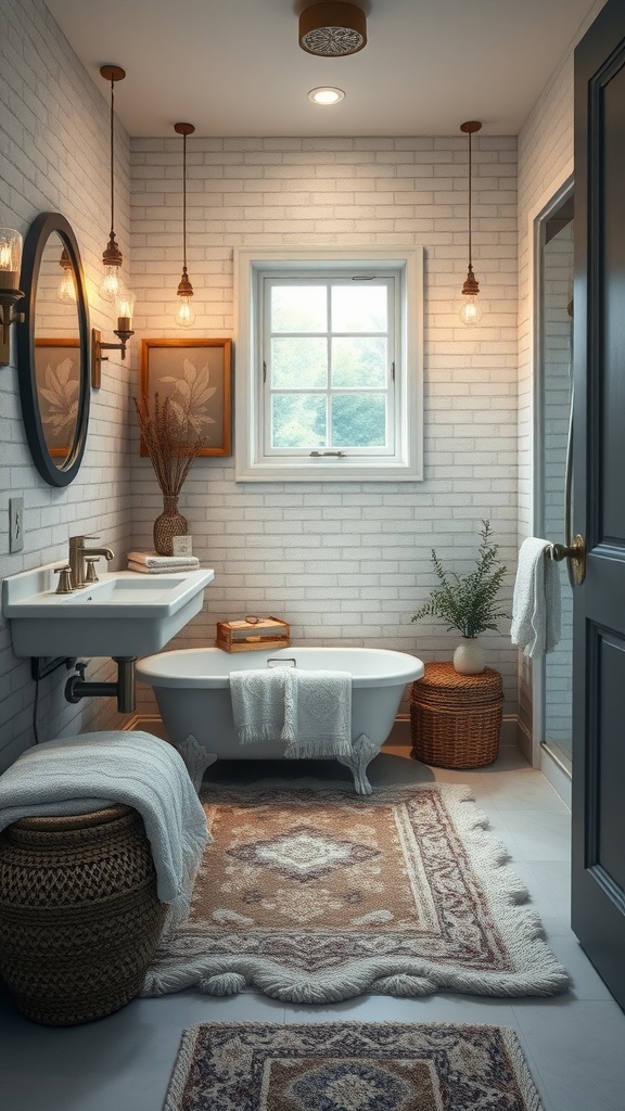 A cozy bathroom featuring stylish textiles, a freestanding tub, and warm lighting.
