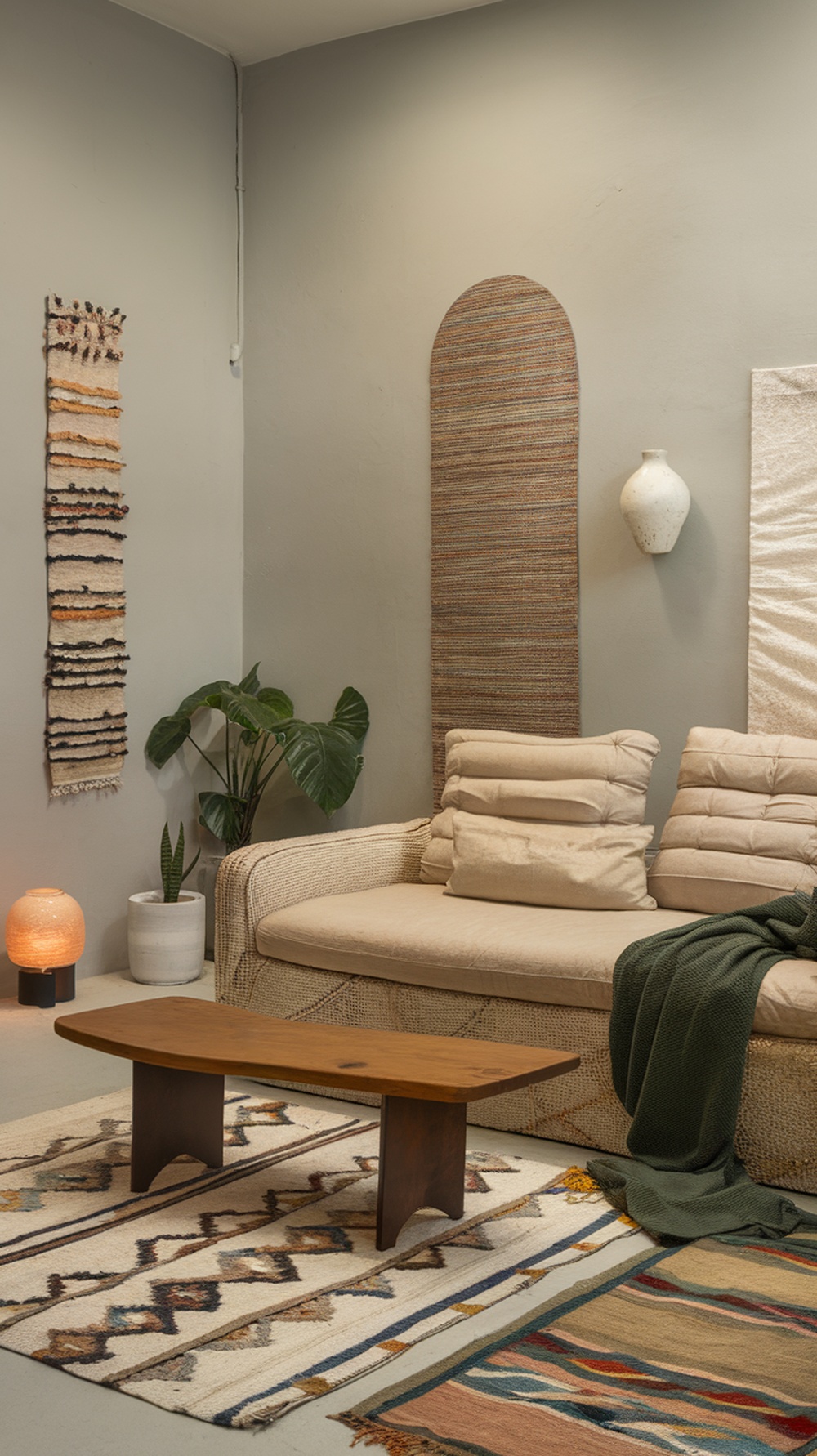 A cozy small apartment living room featuring a textured couch, woven wall hangings, a wooden coffee table, and plants.