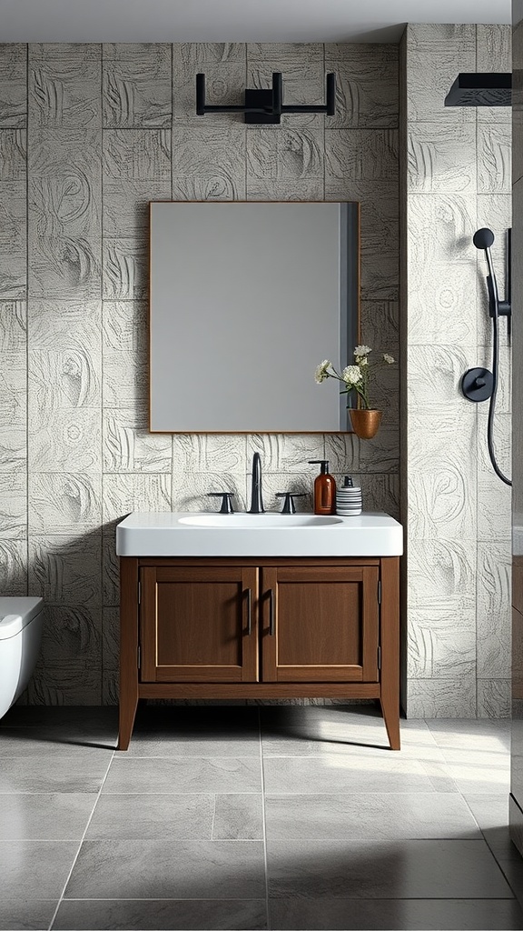 A modern bathroom featuring textured backsplash tiles, a stylish mirror, and wooden cabinetry.