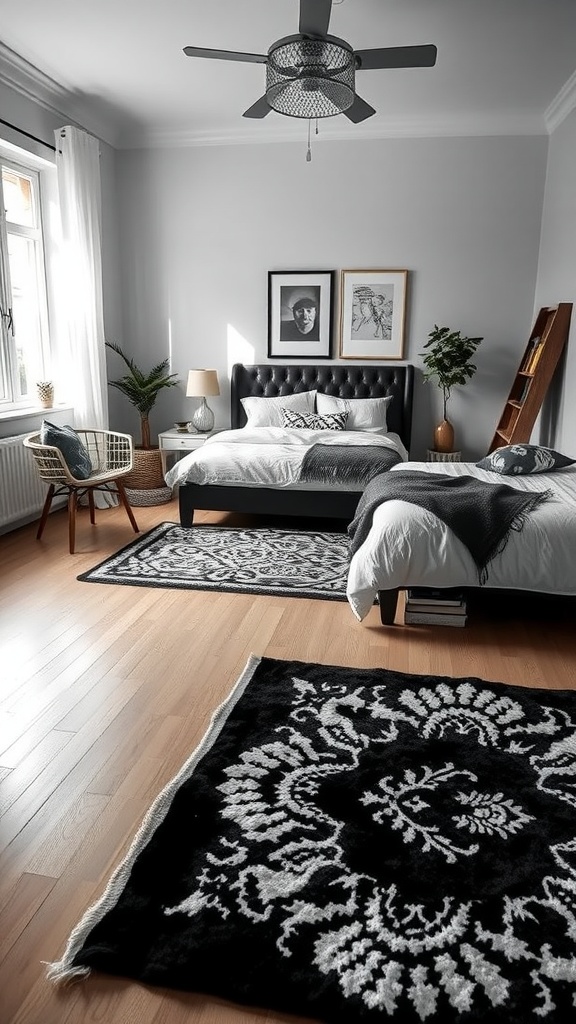 A stylish black and white bedroom featuring textured rugs, a cozy bed, and modern decor elements.