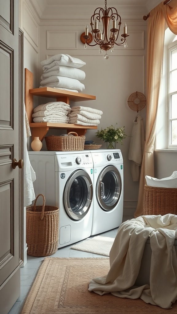 Elegant laundry room with textured fabrics, wicker baskets, and modern appliances
