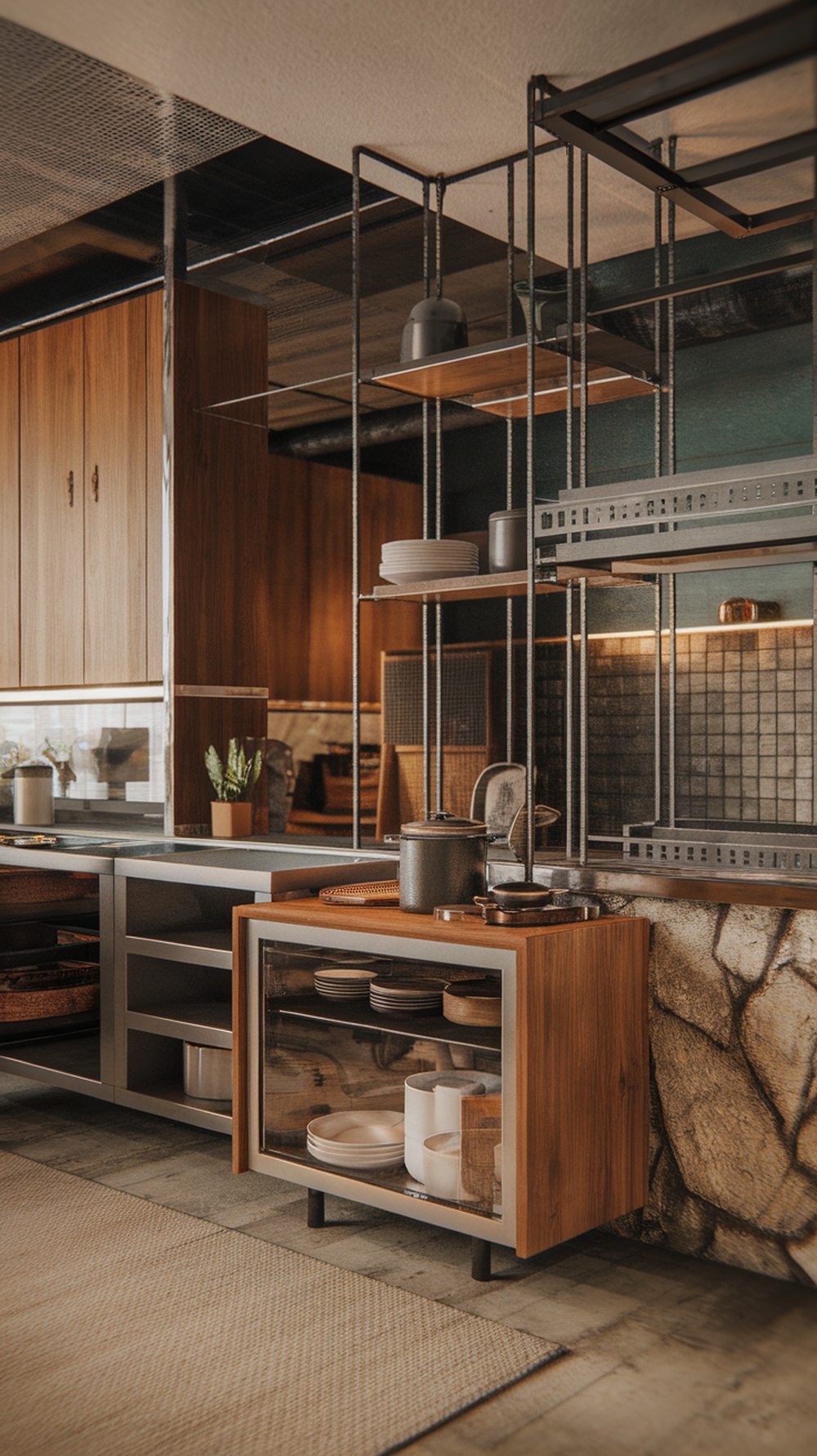 A modern kitchen featuring wooden cabinets, open shelving, and metal accents, showcasing mid century modern design elements.