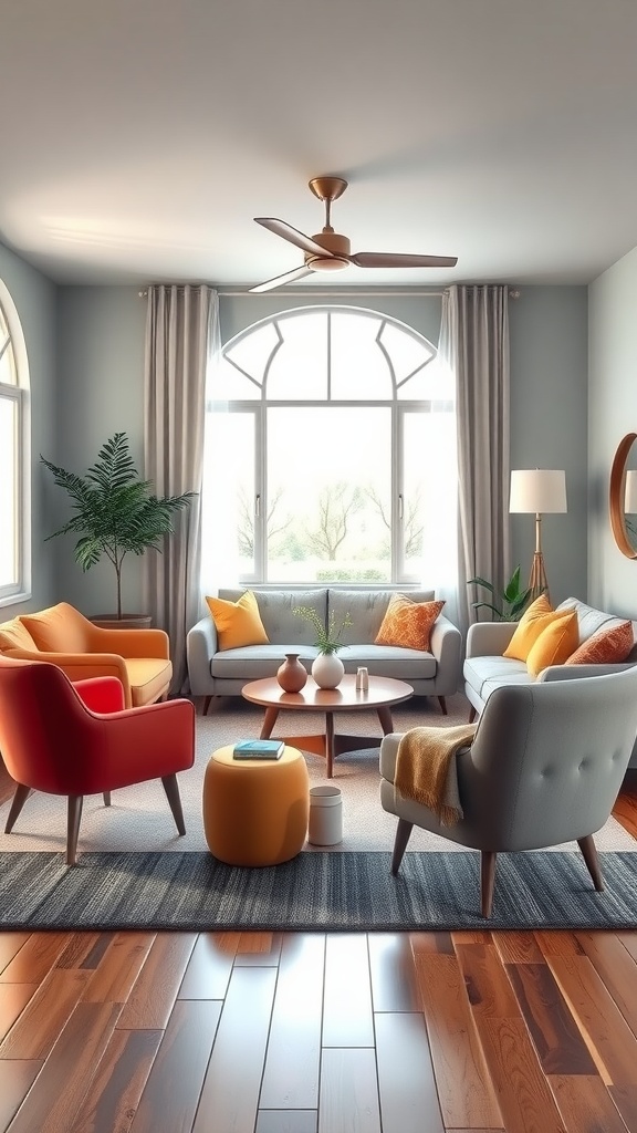 A mid century modern living room featuring curved furniture in vibrant colors.