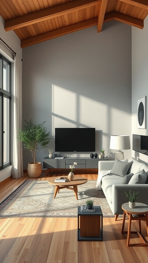 A cozy Mid Century Modern living room with wooden accents, a potted plant, and a neutral color palette.