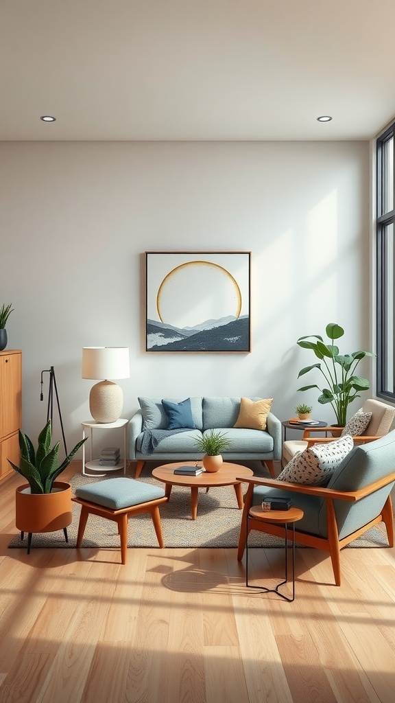 Mid century modern living room featuring a cozy sofa, wooden furniture, and plants.