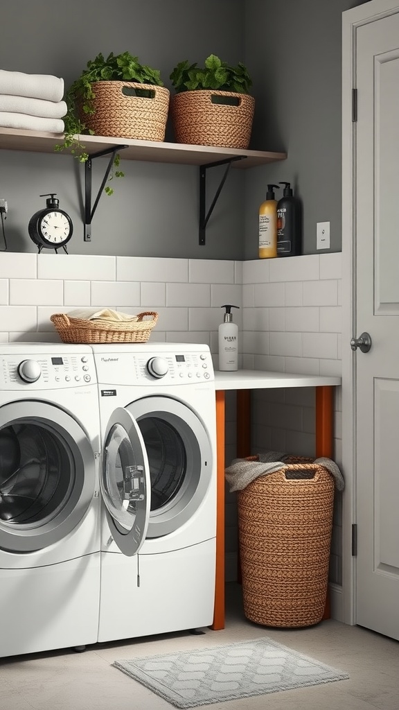 Elegant laundry room featuring modern appliances, woven baskets, and plants on shelves.