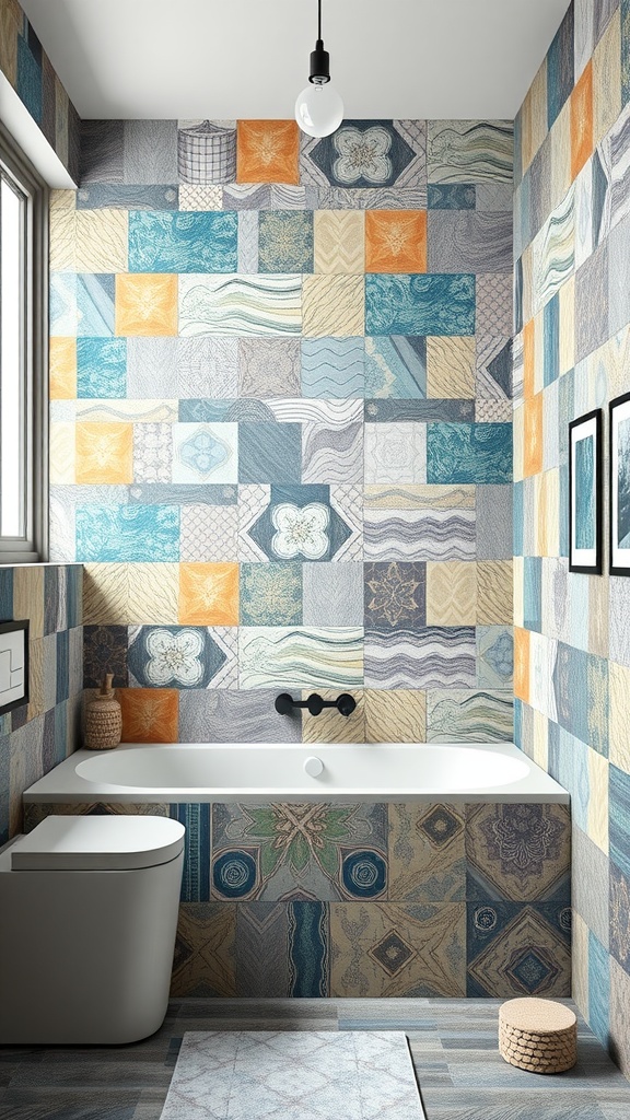 Colorful tiled bathroom interior design with a modern bathtub and minimalist features.