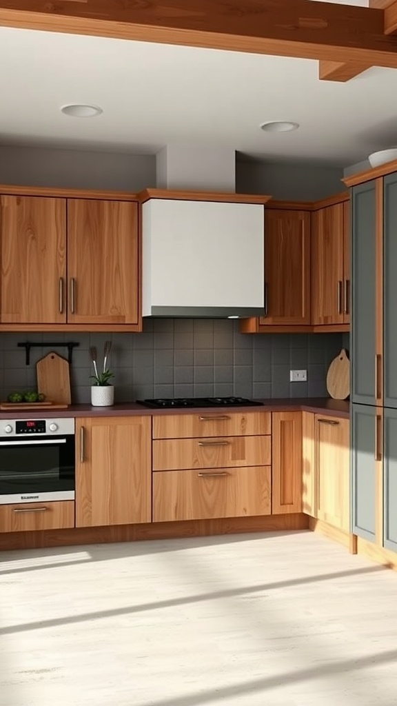 A modern kitchen featuring two tone cabinets with warm timber and painted surfaces.