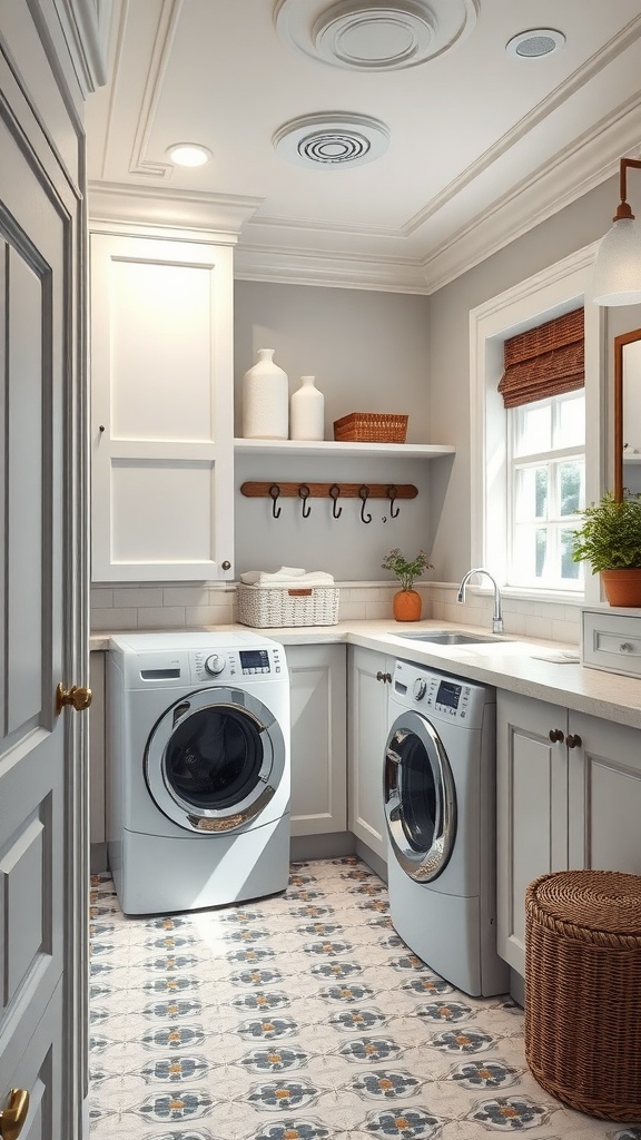A stylish and elegant laundry room featuring modern appliances, white cabinetry, and a patterned floor.