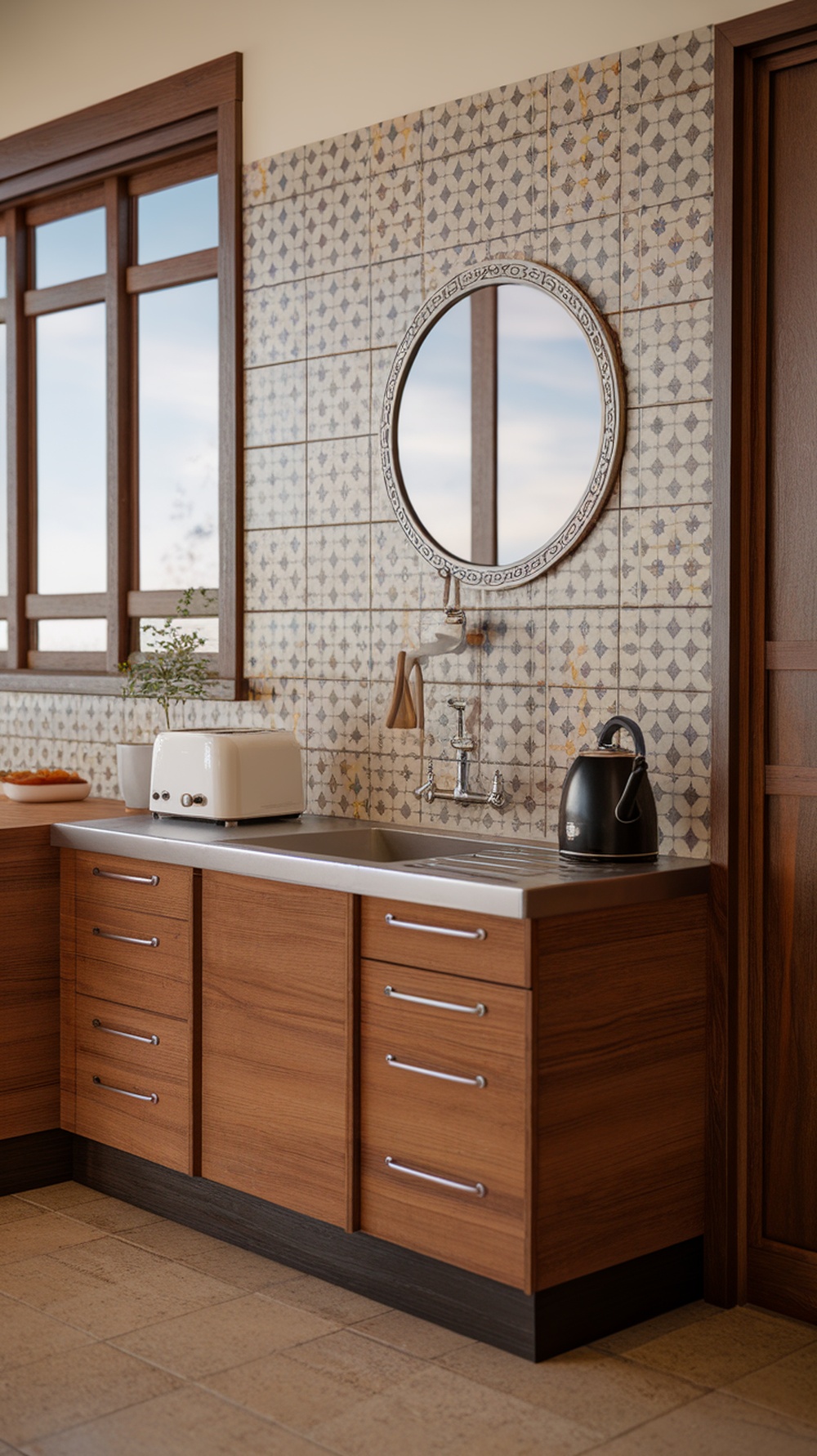 A mid century modern kitchen featuring wooden cabinetry, patterned tiles, a round mirror, and large windows.