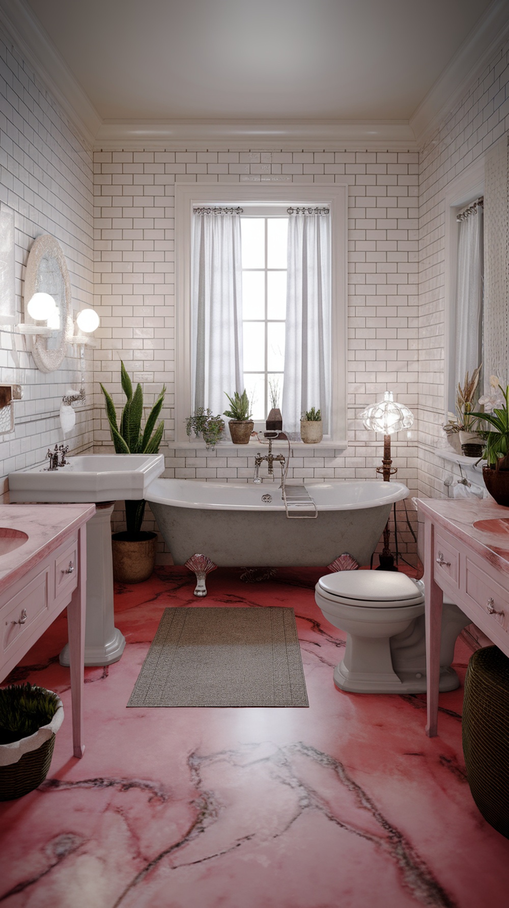 A beautiful pink marble bathroom featuring pink vanities, white subway tiles, and a large window with natural light.