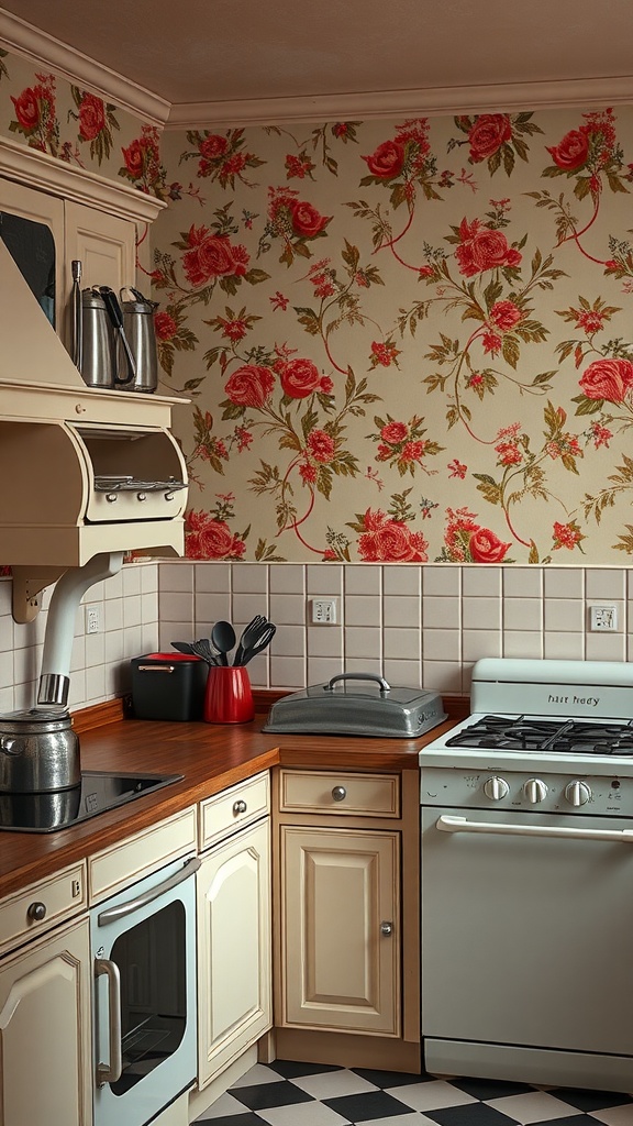 A vintage kitchen with floral wallpaper, wooden countertops, and classic kitchen appliances.