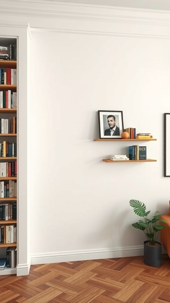 A cozy living room with built-in shelves, featuring books and decor.
