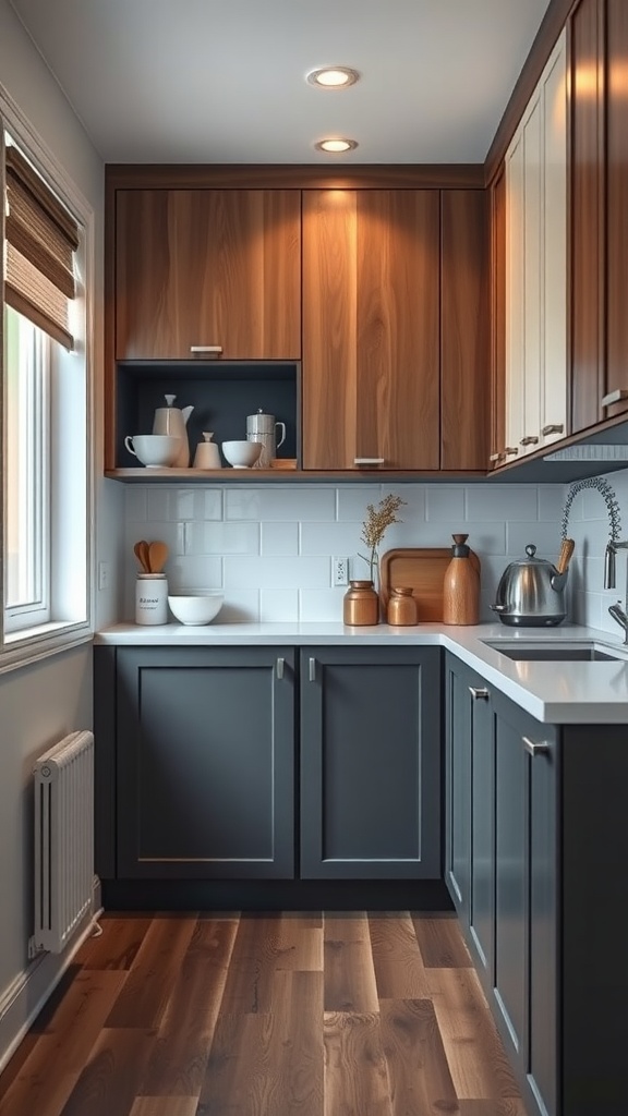 A modern kitchen featuring two-tone cabinets with dark lower cabinets and light wood upper cabinets.