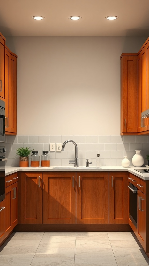 A kitchen featuring two-tone cabinets with warm wood tones around the sink and modern appliances.