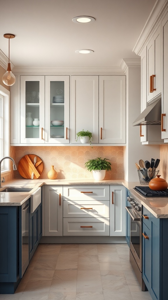 A modern kitchen featuring two-tone cabinets: white upper cabinets and blue lower cabinets with stylish hardware.