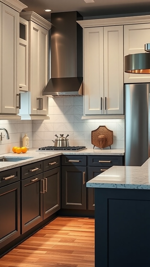 Two-tone kitchen cabinets featuring light cream upper cabinets and dark navy lower cabinets, with gold hardware accents.