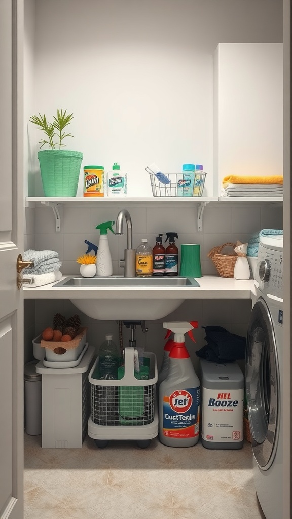 A small laundry room with organized under-sink storage solutions including cleaning supplies, a plant, and a basket.