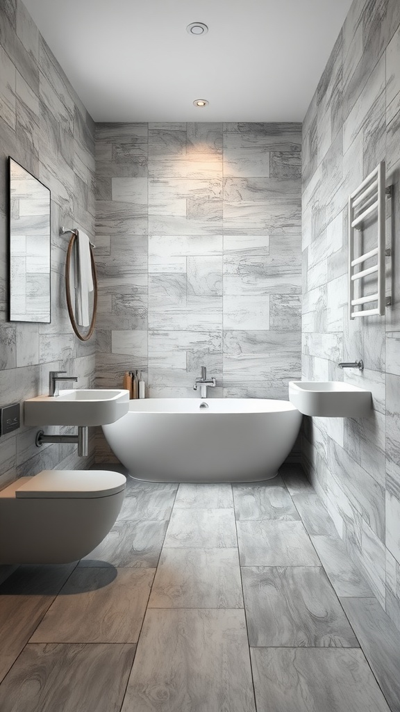 Modern bathroom with light gray tiles and a freestanding bathtub