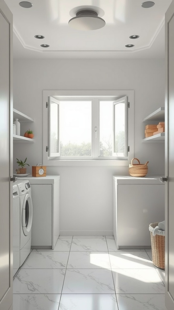 Bright farmhouse laundry room with open windows and a clean, organized layout.