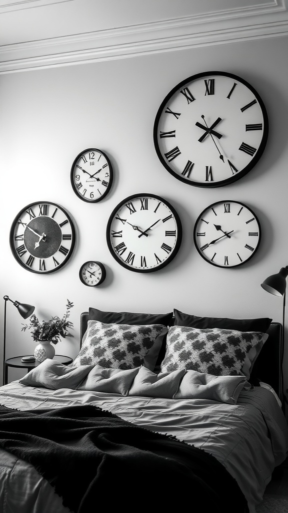 A black and white bedroom featuring a collection of unique clocks on the wall above a neatly made bed with patterned pillows.