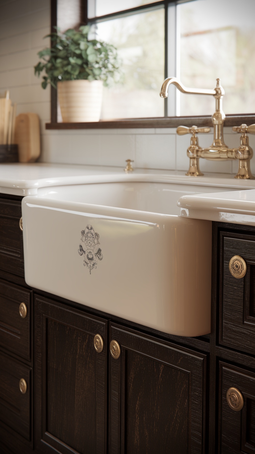 A farmhouse-style sink in a Mid Century Modern kitchen with dark cabinetry