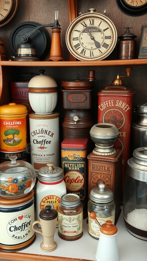 A display of vintage kitchen collectibles including coffee tins, jars, and an antique clock.