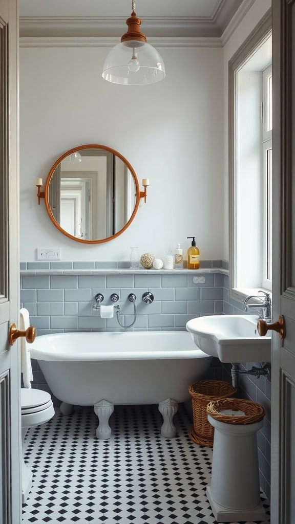 A modern Scandinavian bathroom with classic fixtures and a minimalist decor style.