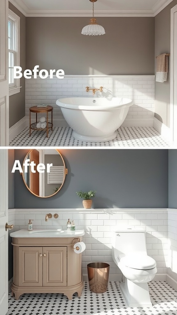 Before and after images of a bathroom, showcasing a transformation with updated hardware and fixtures.