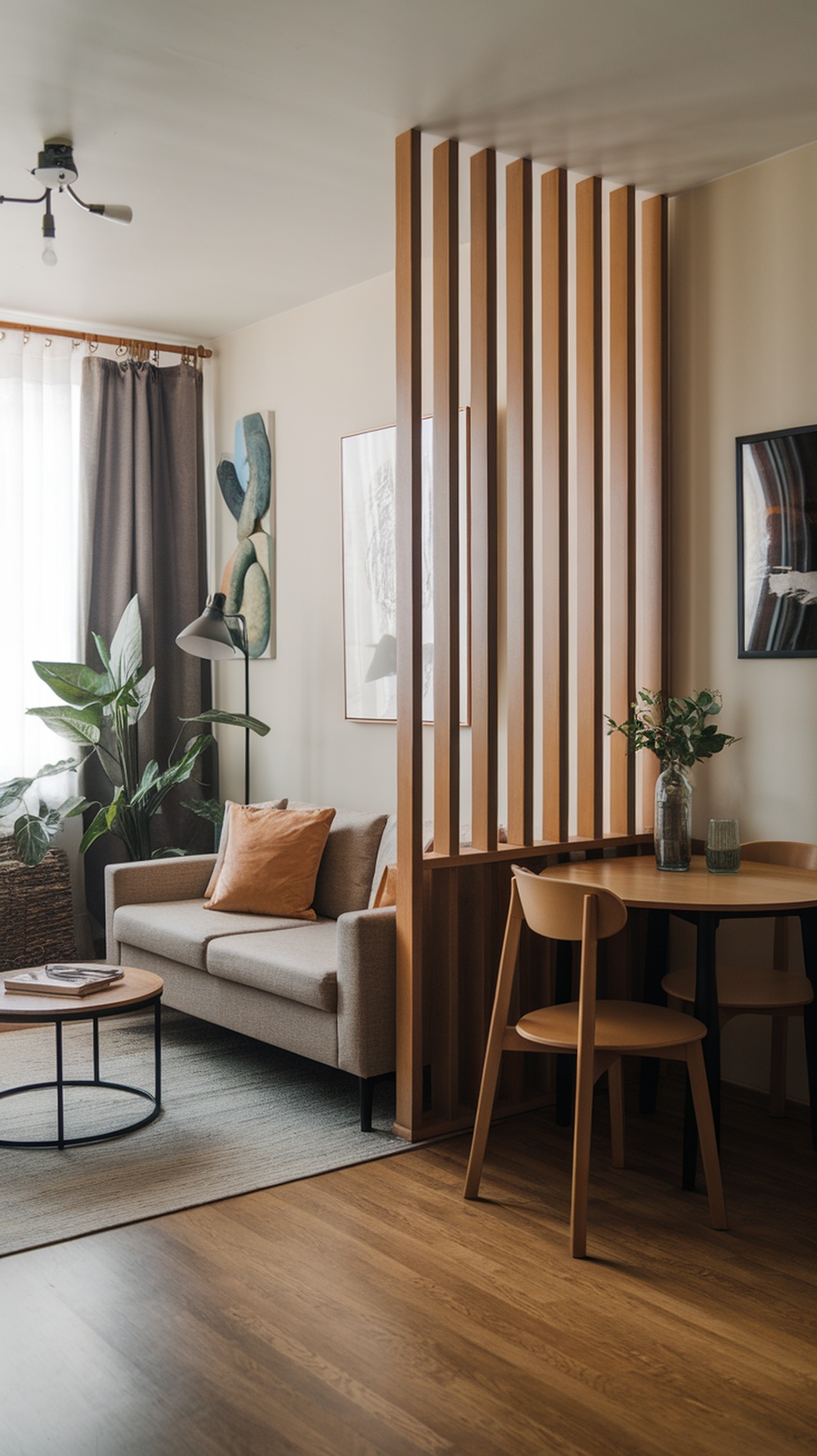 A small apartment living room featuring a wooden divider separating the seating area from a small dining space.