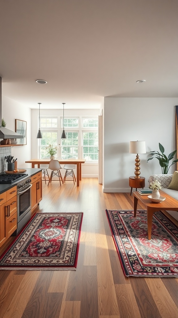 An open kitchen and living room with two decorative area rugs on wooden flooring.