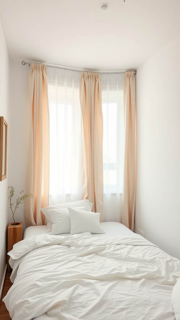Cozy small bedroom with light curtains and white bedding