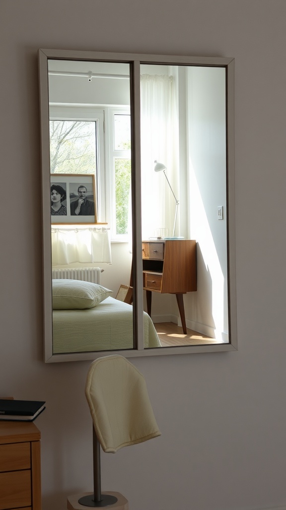 A stylish mirror reflecting a cozy small bedroom with a bed and a desk.
