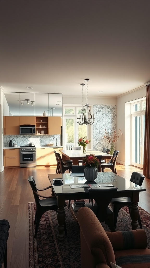 An open kitchen and living room with modern decor, featuring a dining table and stylish lighting.